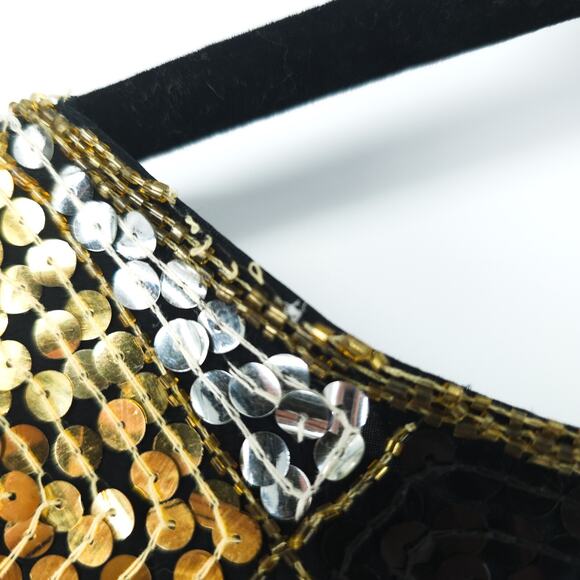 Vtg Scala Sequin Harlequin Silk Blouse Beaded Neck & Hem Short Sleeve Blouse PL - Picture 13 of 14